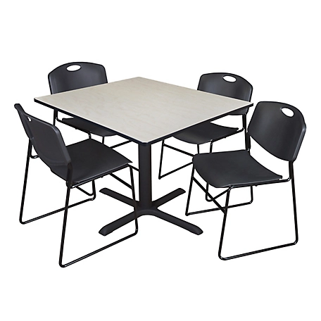 Regency Cain 48 in. Square Breakroom Table, X-Base & 4 Zeng Stack Black Chairs