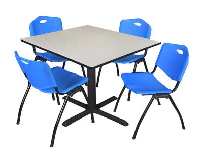 Regency Cain 48 in. Square Breakroom Table, X-Base & 4 M Stack Blue Chairs