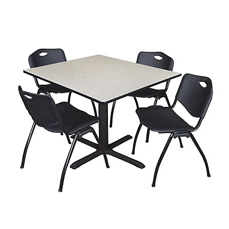 Regency Cain 48 in. Square Breakroom Table, X-Base & 4 M Stack Black Chairs