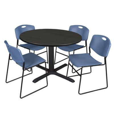 Regency Cain 48 in. Round Breakroom Table & 4 Zeng Stack Blue Chairs