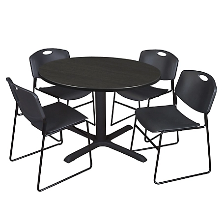 Regency Cain 48 in. Round Breakroom Table & 4 Zeng Stack Black Chairs