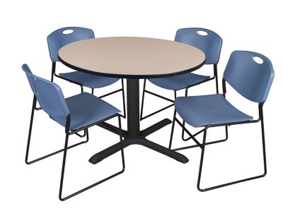 Regency Cain 48 in. Round Breakroom Table, X-Base & 4 Zeng Stack Blue Chairs