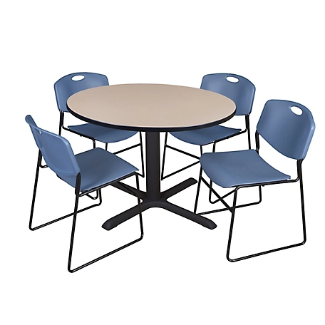 Regency Cain 48 in. Round Breakroom Table, X-Base & 4 Zeng Stack Blue Chairs