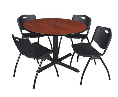 Regency Cain Round X-Base Breakroom Table with 4 M Stack Chairs, 48 in., Black