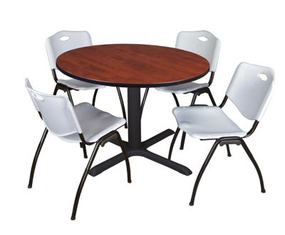 Image showing  Cain Round X-Base Breakroom Table with 4 M Stack Chairs, 48 in., Gray