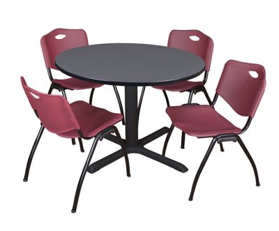 Regency Cain Round X-Base Breakroom Table with 4 M Stack Chairs, 48 in., Burgundy -  TB48RNDGY47BY