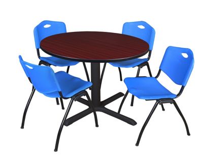 Regency Cain 48 in. Round Breakroom Table, X-Base & 4 M Stack Blue Chairs