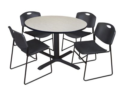 Regency Cain Round X-Base Breakroom Table with 4 Zeng Stack Chairs, 48 in., Black