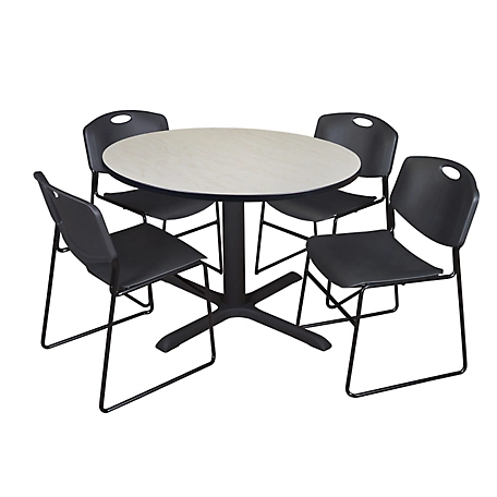 Regency Cain 48 in. Round Breakroom Table, X-Base & 4 Zeng Stack Black Chairs
