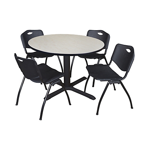 Regency Cain 48 in. Round Breakroom Table, X-Base & 4 M Stack Black Chairs