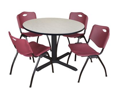 Regency Cain Round X-Base Breakroom Table with 4 M Stack Chairs, 48 in., Burgundy