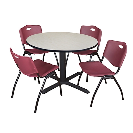 Regency Cain 48 in. Round Breakroom Table, X-Base & 4 M Stack Burgundy Chairs