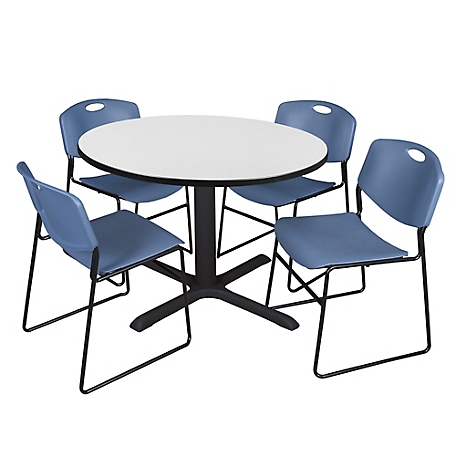 Regency Cain 48 in. Round Breakroom Table & 4 Zeng Stack Blue Chairs