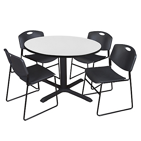 Regency Cain 48 in. Round Breakroom Table & 4 Zeng Stack Black Chairs