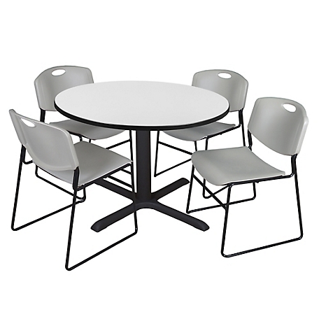 Regency Cain 48 in. Round Breakroom Table & 4 Zeng Stack Grey Chairs