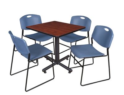 Regency Kobe 30 in. Square Breakroom Table, X-Base & 4 Blue Zeng Stack Chairs