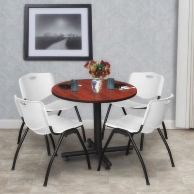 Image showing  Kobe Round X-Base Breakroom Table with 4 M Stack Chairs, 30 in., Gray