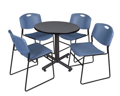 Regency Kobe Round X-Base Breakroom Table with 4 Zeng Stack Chairs, 30 in., Blue