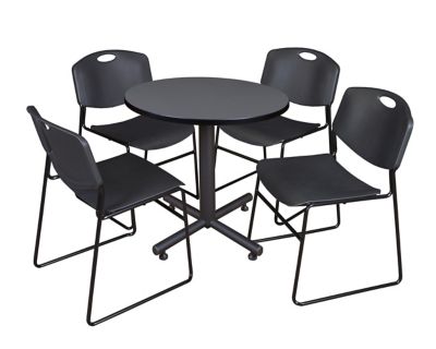 Regency Kobe Round X-Base Breakroom Table with 4 Zeng Stack Chairs, 30 in., Black