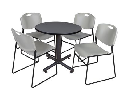 Regency Kobe Round X-Base Breakroom Table with 4 Zeng Stack Chairs, 30 in., Gray