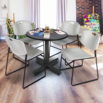 Image showing  Kobe Round X-Base Breakroom Table with 4 Zeng Stack Chairs, 30 in., Gray