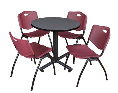 Regency Kobe 30 in. Round Breakroom Table, X-Base & 4 Burgundy M Stack Chairs