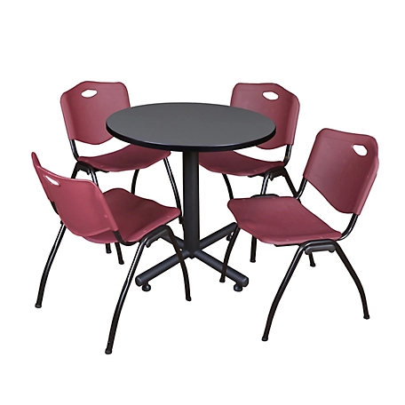Regency Kobe 30 in. Round Breakroom Table, X-Base & 4 Burgundy M Stack Chairs