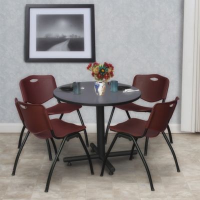Image showing  Kobe Round X-Base Breakroom Table with 4 M Stack Chairs, 30 in., Burgundy