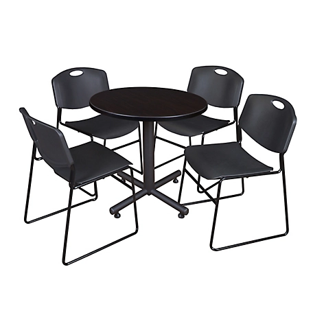 Regency Kobe 30 in. Round Breakroom Table, X-Base & 4 Black Zeng Stack Chairs