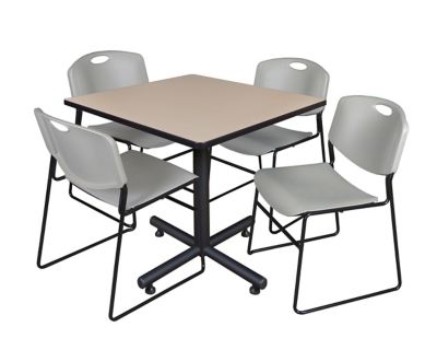 Regency Kobe 36 in. Square Breakroom Table, X-Base & 4 Grey Zeng Stack Chairs