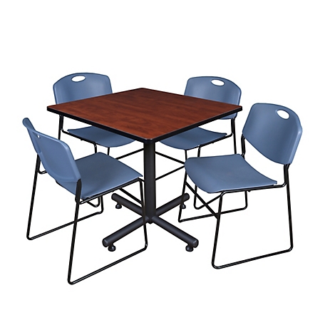 Regency Kobe 36 in. Square Breakroom Table, X-Base & 4 Blue Zeng Stack Chairs