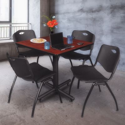 Image showing  Kobe Square X-Base Breakroom Table with 4 M Stack Chairs, 36 in., Black