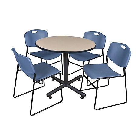 Regency Kobe 36 in. Round Breakroom Table, X-Base & 4 Blue Zeng Stack Chairs