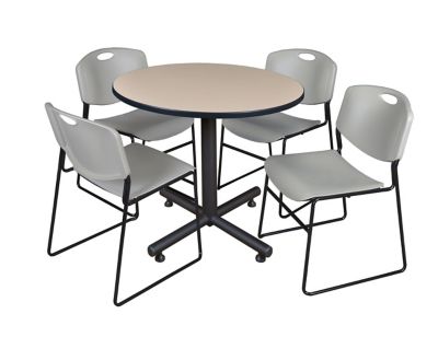 Regency Kobe 36 in. Round Breakroom Table, X-Base & 4 Grey Zeng Stack Chairs