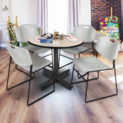 Image showing  Kobe Round X-Base Breakroom Table with 4 Zeng Stack Chairs, 36 in., Gray