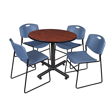 Regency Kobe 36 in. Round Breakroom Table, X-Base & 4 Blue Zeng Stack Chairs