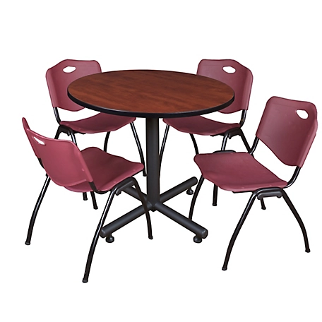 Regency Kobe 36 in. Round Breakroom Table, X-Base & 4 Burgundy M Stack Chairs