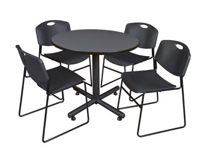 Regency Kobe 36 in. Round Breakroom Table, X-Base & 4 Black Zeng Stack Chairs