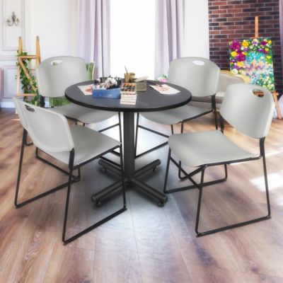 Image showing  Kobe Round X-Base Breakroom Table with 4 Zeng Stack Chairs, 36 in., Gray