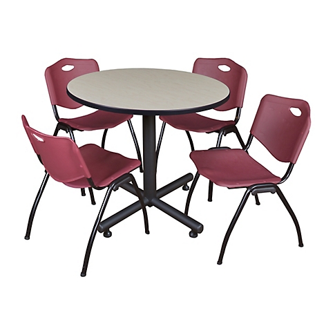 Regency Kobe 36 in. Round Breakroom Table, X-Base & 4 Burgundy M Stack Chairs