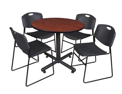 Regency Kobe 42 in. Round Breakroom Table, X-Base & 4 Black Zeng Stack Chairs