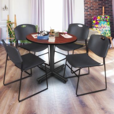 Image showing  Kobe Round X-Base Breakroom Table with 4 Zeng Stack Chairs, 42 in., Black