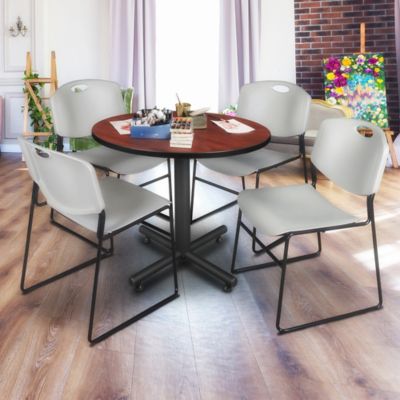 Image showing  Kobe Round X-Base Breakroom Table with 4 Zeng Stack Chairs, 42 in., Gray