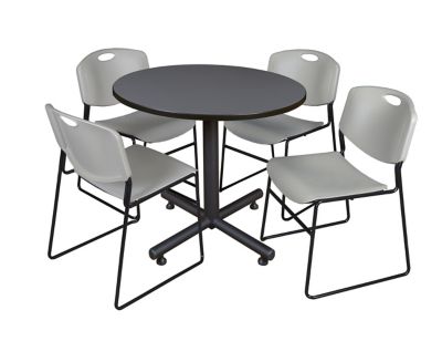 Regency Kobe Round X-Base Breakroom Table with 4 Zeng Stack Chairs, 42 in., Gray