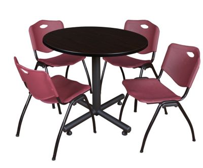 Regency Kobe Round X-Base Breakroom Table with 4 M Stack Chairs, 42 in., Burgundy