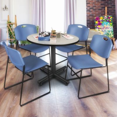 Image showing  Kobe Round X-Base Breakroom Table with 4 Zeng Stack Chairs, 42 in., Blue