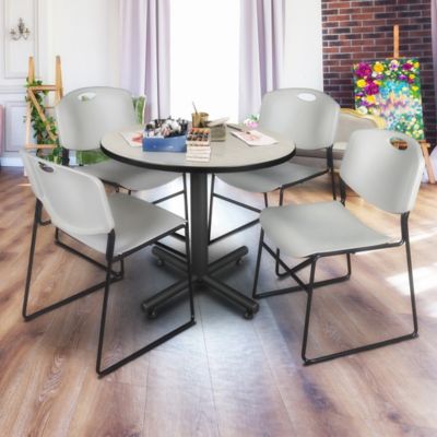 Image showing  Kobe Round X-Base Breakroom Table with 4 Zeng Stack Chairs, 42 in., Gray