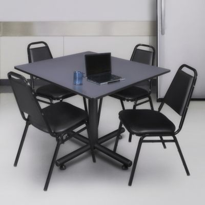 Image showing  Kobe 48 in. Square Breakroom Table, X-Base & 4  BK Restaurant Stack Chairs