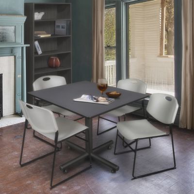 Image showing  Kobe 48 in. Square Breakroom Table, X-Base & 4  Grey Zeng Stack Chairs