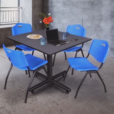 Image showing  Kobe 48 in. Square Breakroom Table, X-Base & 4  Blue M Stack Chairs